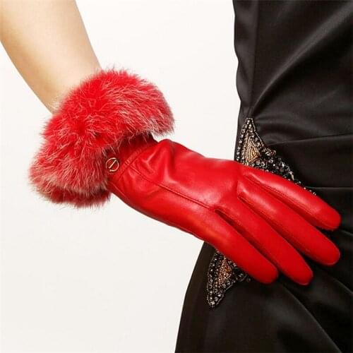High Quality Brand Genuine Leather Gloves Women Sheepskin Gloves Fashion Trend Rabbit Hair Finger Driving Glove EL002PC-5