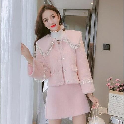 High Quality Winter Faux Mink Cashmere Two Piece Set Women Fashion Beading Tassel Short Jacket Coat+Pink Skirt Office Outfits