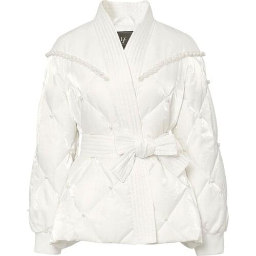 Elegant White Black Women Down Jackets Pearls Beading Lantern Sleeve Female Winter Coat with Belt New Short Outwear Jacket