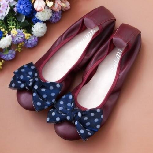 AUCVEE 2020 Fashion Women Flats Genuine Leather Shoes Women Slip On Ballet Women Flats Bow Woman Shoes Moccasins Loafers Shoes