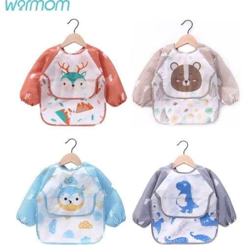 Warmom Baby Bibs Cute Cartoon Bandana Bibs Waterproof Infant Eating Children Drawing Long Sleeve Apron Baby Self Feeding Cloths