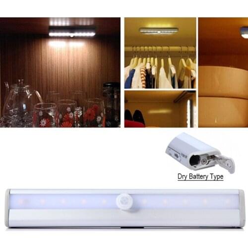 PIR Motion Sensor Cabinet LED Light Auto On/Off 10 LEDs Power By Dry Battery for Kitchen Bedroom Armario Closet Wardrobe