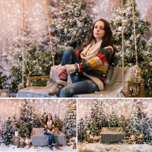 Dreamlike Christmas Birthday Portrait Background for Photography Bokeh Snow Pine Forest Cake Smash Backdrop Candles Winter Decor