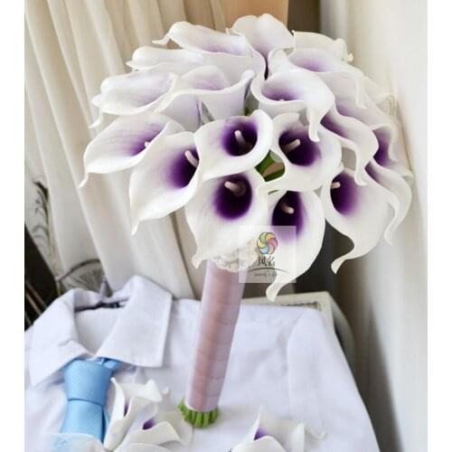 Handmade Artificial Flowers Wedding Flower Bride Bridesmaid Bouquet Bridal Holding Bouquets White Purple PU Calla Lily Flower