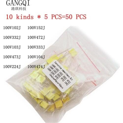 Correction capacitor package kit 10 kinds * 5 PCS=50 PCS KIT 100V 102J 152J 332J 472J 103J 333J 473J 104J 224J 474J 1nF-0.47uF