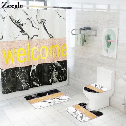 Welcome Bath Mat and Shower Curtain Set Absorbent Toilet U-Shaped Toilet Rug Flannel Shower Foot Rug Home Decor Shower Curtain