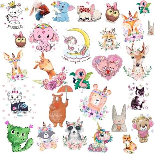 Many Small Animal Patches For Clothing Cartoon Unicorn Dog Animals Thermo Stickers Iron On Transfer For Clothes Applique Stripes