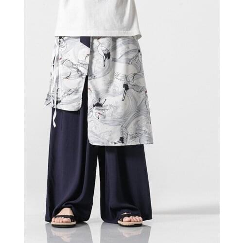 Chinese Style Fashion Mens Wide-Leg Pants Traditional Mens Loose Cotton and Linen Printed Trousers Mens Casual Plus Sizem-5Xl