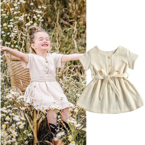 New Girl Casual Short-Sleeved Dress With Belt Fashion Solid Color Button V-Neck Children Princess Dress Summer Plain