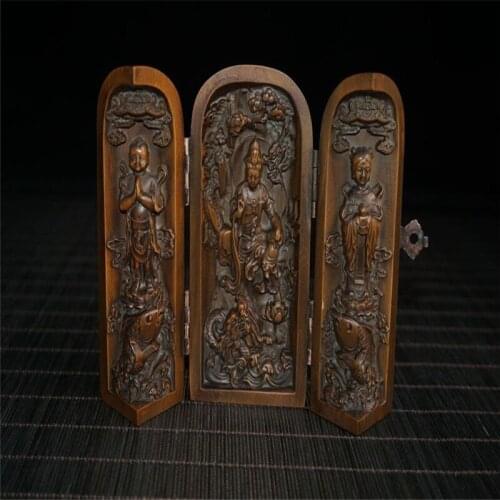 Boxwood carving Guanyin send son three open box woodcarving furnishings collection