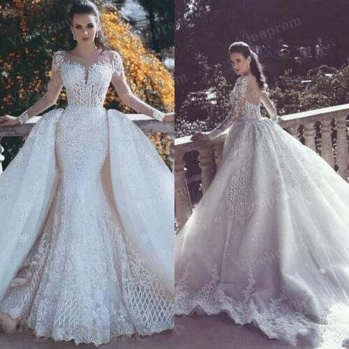 Luxury Lace Mermaid Wedding Dresses Illusion Neck Long Sleeve Detachable Train Appliques Beaded Plus Size Arabic Bridal Gown