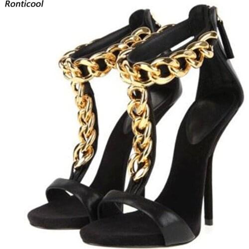 Ronticool Handmade Women Summer Sandals Sexy Chain Decoration Stiletto High Heels Open toe Gold Night Club Shoes US Size 5-13