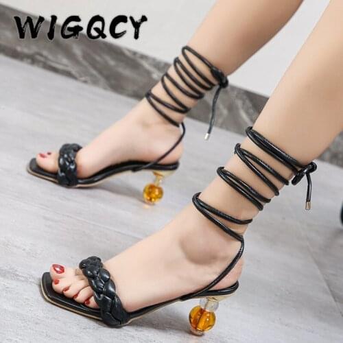 New Summer Design Weave Women Sandals Transparent Strange High Heels Lace-Up Ladies Sandals Fashion Open Toe Square Toe Shoes