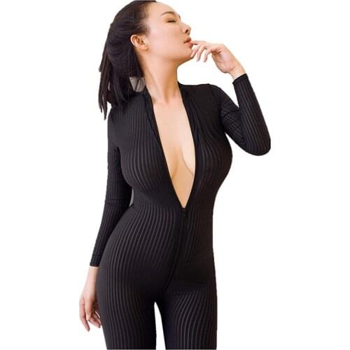 Sexy Front Zip Vertical Stripes Spandex Zentai Catsuit Bodysuit Night Club Dance Costume
