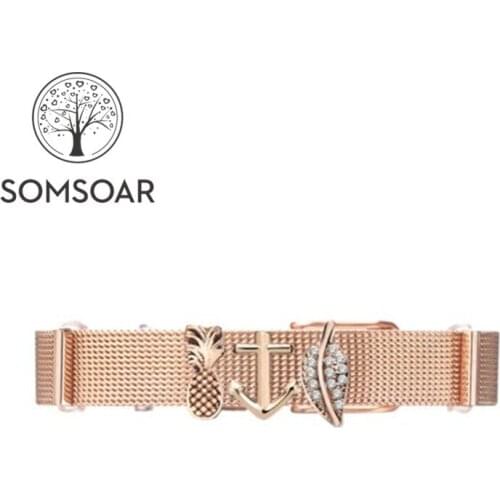 Somsoar Jewelry Rose Gold pineapple anchor leaf Mesh Bracelet Set Stainless steel DIY Charmbands Bracelet Bangle fit watches