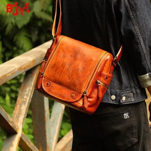 Genuine Leather Retro Mens Messenger Bag Shoulder Bag Vintage Male Cross-body Camera Bag SLR Bags Vegetable Tanned Leather Soft