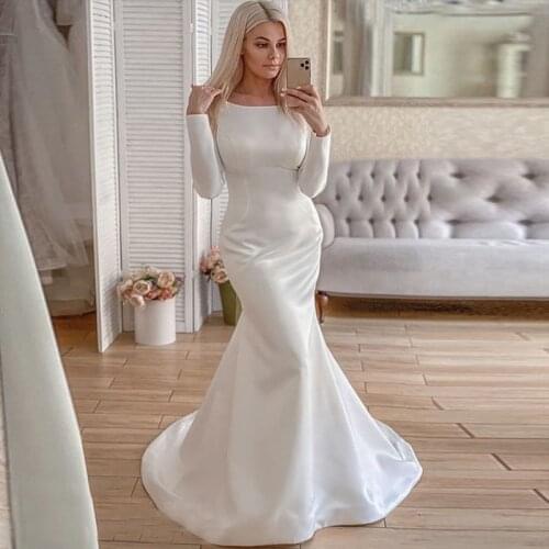 2020 Satin Wedding Dress Bateau Neck Long Sleeve V Back Mermaid Bridal Gown with Sweep Train