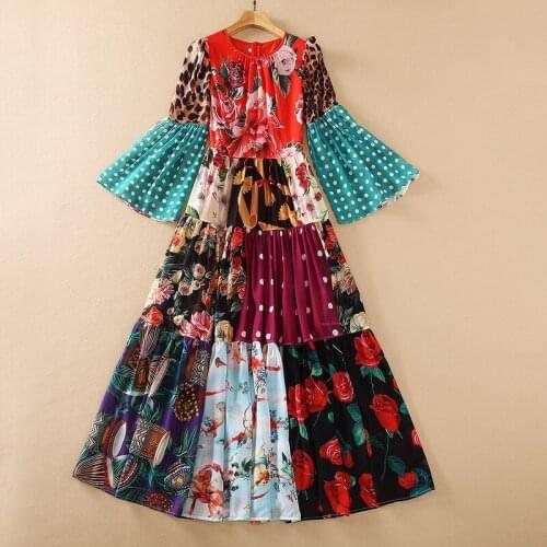 European and American womens wear for spring 2021 Long sleeved round neck Mosaic flower print Fashion dress