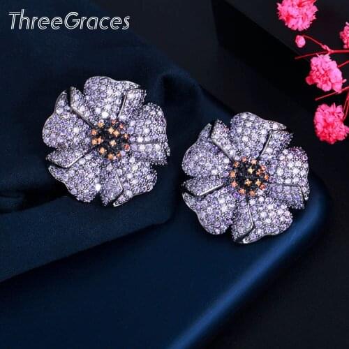 ThreeGraces Fashion Big Purple Flower Stud Earrings for Women AAA+ Cubic Zirconia Black Gold Color Wedding Party Jewelry ER636
