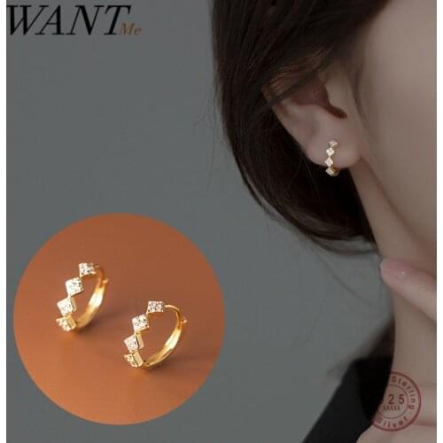 WANTME 925 Sterling Silver Geometric Diamond Pavé CZ Zircon Charm Hoop Earrings for Women Fine French Huggies Piercing Jewelry