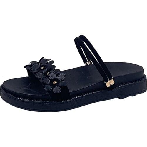 2021 summer new womens slippers Korean fashion mid-heel flat flowers sweet temperament casual beach shoes for outer wear