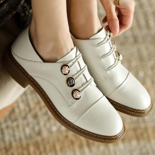 Womens genuine leather elastic buttons buckle flats oxfords round toe leisure student style casual espadrilles daily shoes sale