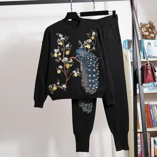 Black Knitting Outfits Peacock Embroidery Pullover Sweater Long Pencil Pants Women Two Piece Set Casual Knitted Tracksuit Female