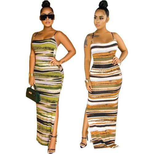 Adogirl Summer Women Striped Tie Dye Print Long Dress Spaghetti Strap Side Split Maxi Dress Elegant Party Club Dress Vestido