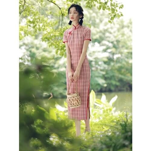 Pink Plaid Cheongsam New Style Long Retro and Hipster Style Young Girls Casual Wearable 2021new summer dress women