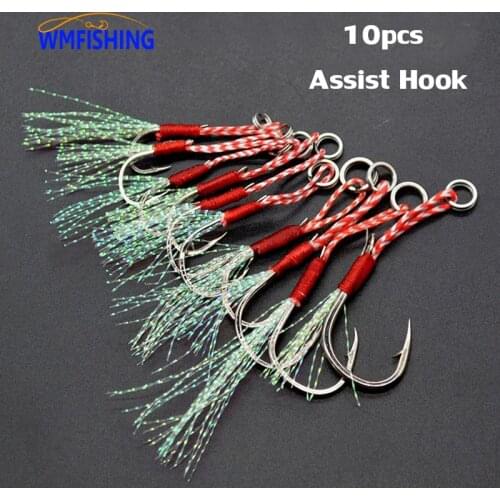 10pcs/Lot Slow Jigging Fishing Cast Jigs Assist Hook Barbed Single Jig Hooks Thread Feather Pesca High Carbon Steel Fishing Lure