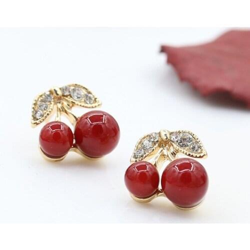12 Pairs/Lot Double Rose Red Beads Leaf Crystal Charm Stud Earring Cubic Zirconia Cherry Earrings Women Wholesale Accessories
