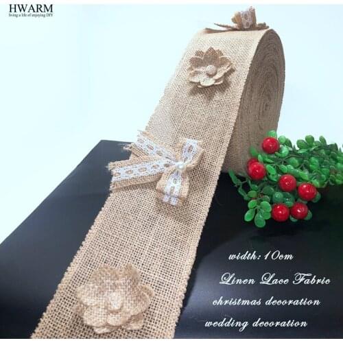 2yard 10cm christmas wedding linen lace fabric ribbon with bow linen bead flower DIY christmas decoration for home wedding deco