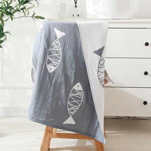 70X140cm 3Layers Muslin Cotton Grey Fish Super Soft Baby Blanket Summer Baby Swaddle Newborn Bath Towel Grey Kitten Infant Quilt