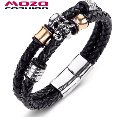 Fashion Bangle Men Bracelet Braided Leather Rope Chain Stainless Steel Skull Male Punk Skeleton Jewelry PS2063