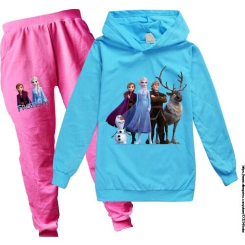 Hot Kids Girls 2 Piece Cartoon Frozen Elsa Clothes Autumn Hoodies Set Tracksuit Long Sleeve Hooded Sweatshirt + Long Trackpants