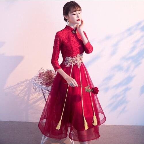 Fashion Red Lace Wedding Qipao Bride Evening Dress Women Elegant Chinese Traditional Clothing Party Dresses Robe Female Costume