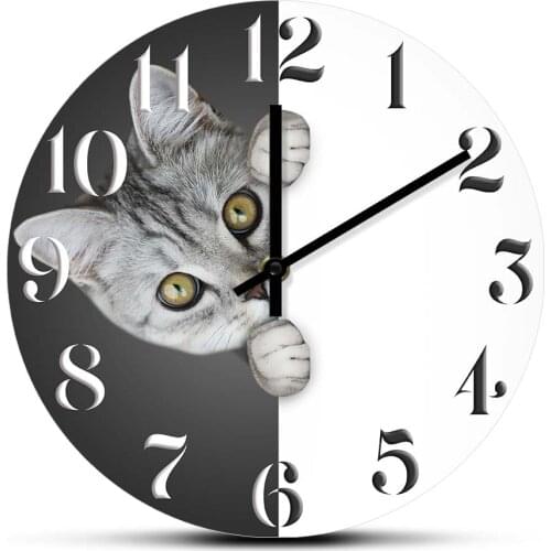 Hiding Cat Printed Wall Clock Kitten Home Art Decor Silent Quartz Hanging Watch For Kitty Lovers Nursery Artwork Timepieces
