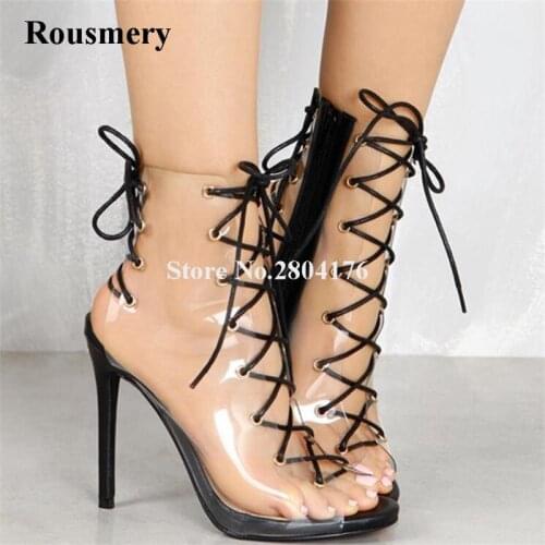 New Fashion Women Open Toe PVC Lace-up Short Gladiator Boots Transparent Thin Heel Back Lace-up Ankle Booties