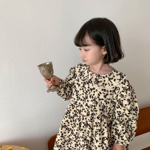Autumn girls cotton floral long sleeve princess dress 2 colors cute turn-down collar loose dresses