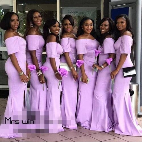 Mrs win Bridesmaid Dresses Plus Size Boat Neck Elegant Wedding Guest Dress Mermaid Train Short Sleeve Vestido Madrinha HR098