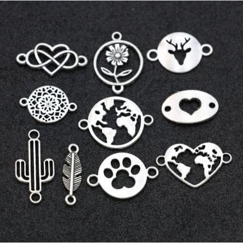 30pcs Antique Silver Plated Map Heart Charms Connector for Jewelry Making Bracelet DIY Accessories Craft Mix
