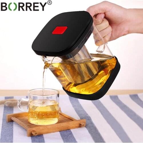BORREY Clear Glass Teapot Teacup Set Heat Resistant Square Glass Teapot With Tea Infuser Puer Oolong Tea Kettle Office Tea Cup
