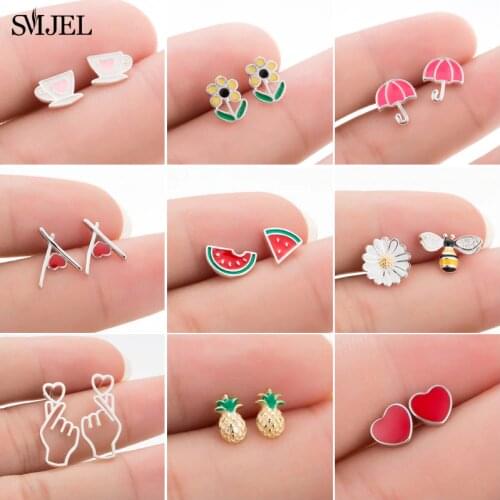 SMJEL Real 925 Sterling Silver Earrings for Women Kids Jewelry Fashion Ox Cat Heart Bee Stud Earrings Girls Gift pendientes