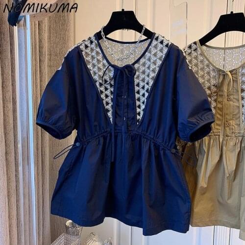 Nomikuma Chic Hollow-out Embroidery Lace Patchwork O-neck Blouse Causal Draw String Woman Top Puff Sleeve Sweet Doll Shirt 6L124
