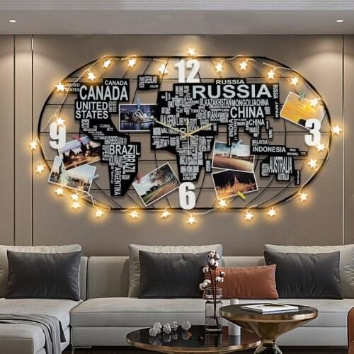 Modern Large Metal World Map Wall Clock with LED Lgiht Luminous Wall Decorations Living Room 3d Acrylic Wall Clocks Home Decor