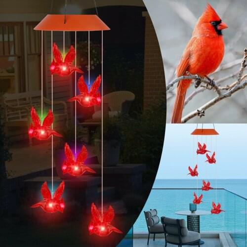 Solar Powered LED Red Cardinal Bird Wind Chime Color-Changing Light Yard Outdoor Windchime Light for Patio Yard Garde Decor