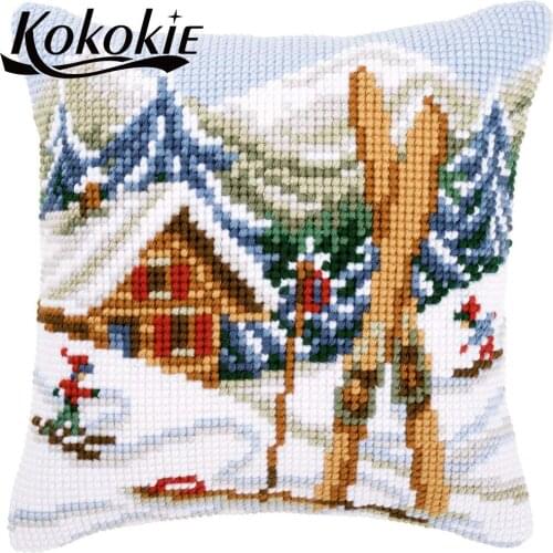 Handmade embroidery yarn pillowcase scenic of snow embroidery and cross stitch kits DIY knitting needles kit for cushion mat