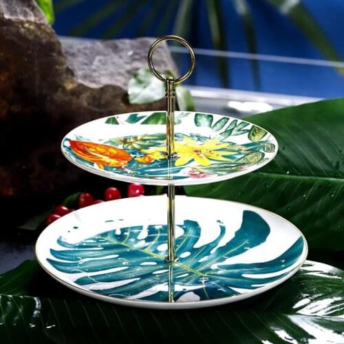 High Quality Porcelain 2-Tier Plate Tray For Fruit Dessert Cake Decorative Rainforest Bone China Plate Set With Box Luxury Gifts
