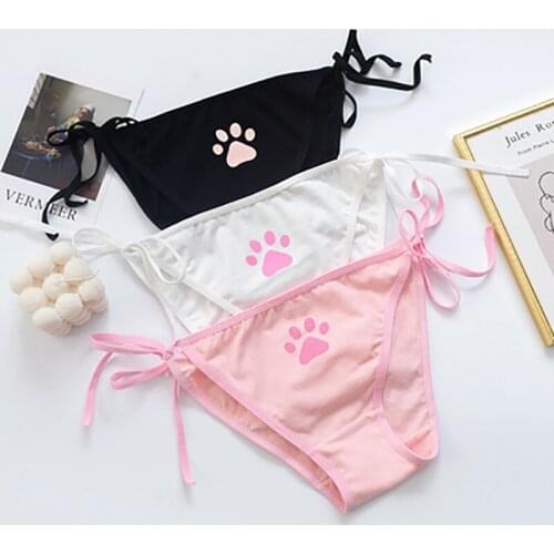 Japanese Women Lolita Pants Kawaii Pink Cat Paw Print 100% Cotton Banadage Low Waist Soft Sister Panties Cos Underwear Sexy Acce