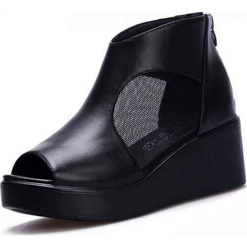 Promotion 2021 New Summer Fish Mouth High Quality Pu Mesh Breathable Women Sandals Platform Wedges Large Size High Heel Sandals